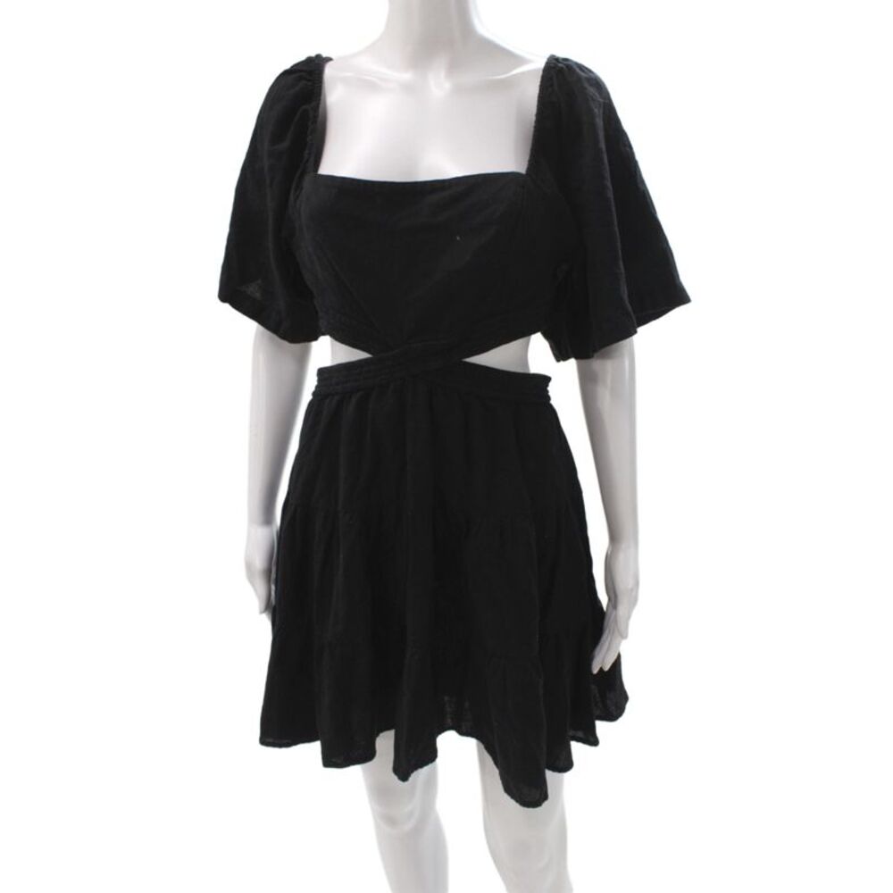 Free People Women Bohemian Black Mini Dress Square Neck Short Sleeve Size M